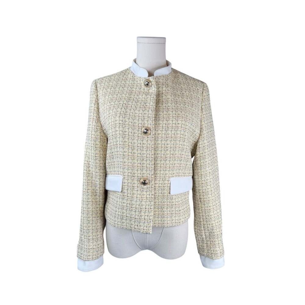 Zara Combination Textured Tweed Blazer Jacket with Trim and Gem Buttons Sz. L